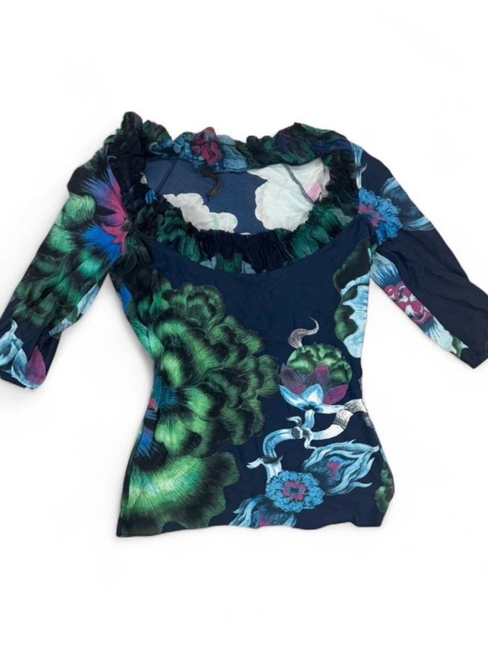Roberto Cavalli Navy Floral Scoop-Neck Top with Green Accents